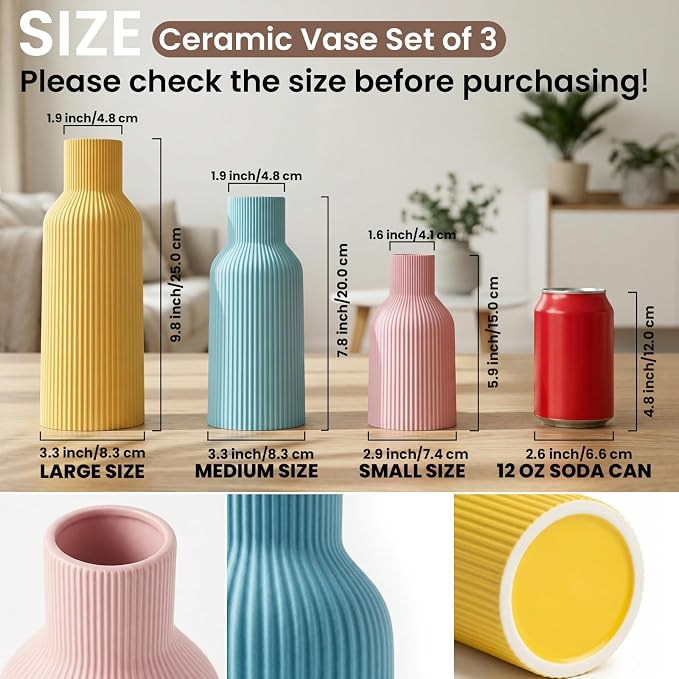 Colorful Ceramic Vases Set of 3, Matte Round Vertical Ribbed,Minimalist for Pampas Dried & Fresh Flowers, Centerpiece for Living Room, Shelf, Entryway, Wedding (Pink, Blue, Yellow)