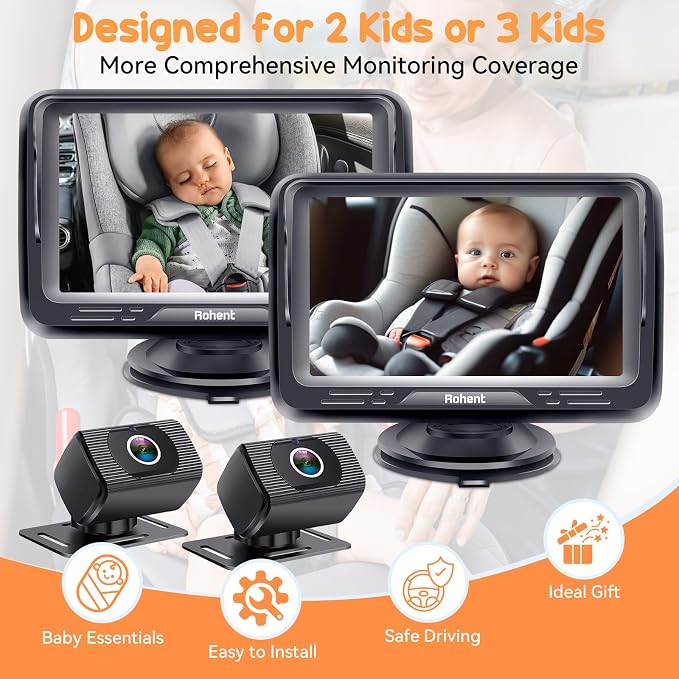 Rohent Baby Camera for Car 2 Pack - Dual HD 1080P Monitors with Night Vision, Adjustable Angles, Glare-Free Display, Easy Installation for Two Vehicles, Ideal for Road Trips