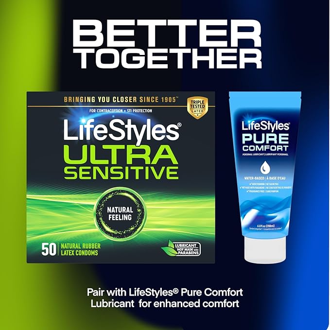 LifeStyles Ultra Sensitive Premium Lubricated Natural Latex Condoms Value Pack - 50 Count, 1 Pack - Triple Tested for Best Protection, Made with UltraGlide Silicone Lube