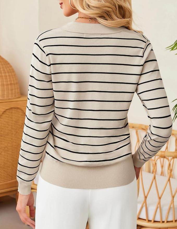 Women's Long Sleeve Classic V Neck Casual Fall Winter Polo Sweater Tops | Basic Collared Knitted Fashion Work Business Formal Daily Wear Versatile Pullover Shirts