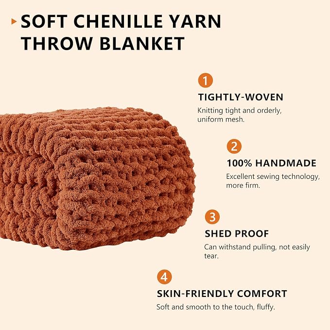 L'AGRATY Chunky Knit Throw Blanket for Couch, 72 x 84 Inches, Rusty Orange | Handmade Chenille Crochet Blanket for Sofa Bed, Thick Cable Knitted Blankets for Room Home Decor, Birthday Gift for Women Mom