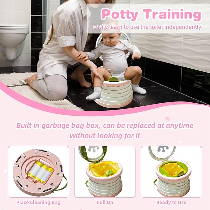 2025 Upgraded Portable Potty Training, Foldable Toilet,Travel Potty for Toddler, Apply to Seat Emergency Toilet for Camping, Outdoor, Car, Indoor, Including 3 rolls of garbage bags (White-Pink)