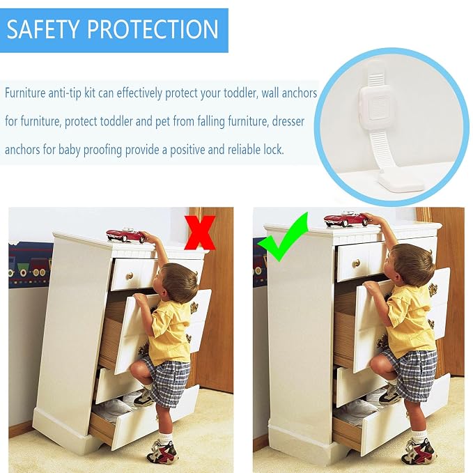 YEYA Upgraded No Drill Furniture Anchors for Baby Proofing, Anti-Tip Adjustable Straps, 4 Pack | Upgraded, Anti-Tip Adjustable Straps, Baby Proofing