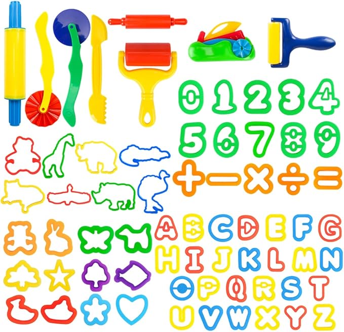 Letter Molds Tools Set for Kids 69Pcs Accessories, Rollers and Cutters, Numeral Various Plastic Animal Molds and Art Clay Tools for Creative Cutting