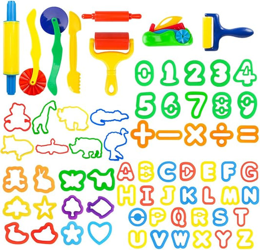 Letter Molds Tools Set for Kids 69Pcs Accessories, Rollers and Cutters, Numeral Various Plastic Animal Molds and Art Clay Tools for Creative Cutting