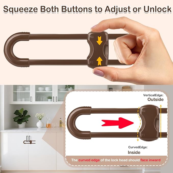10 Pcs Sliding Cabinet Latches, U Shaped Cabinet Door Locks, Baby Cabinet Safety Latches for Baby Proofing, No Drilling Tool-Free Installation Easy to Use for Knobs or Handle Double Door (Brown)