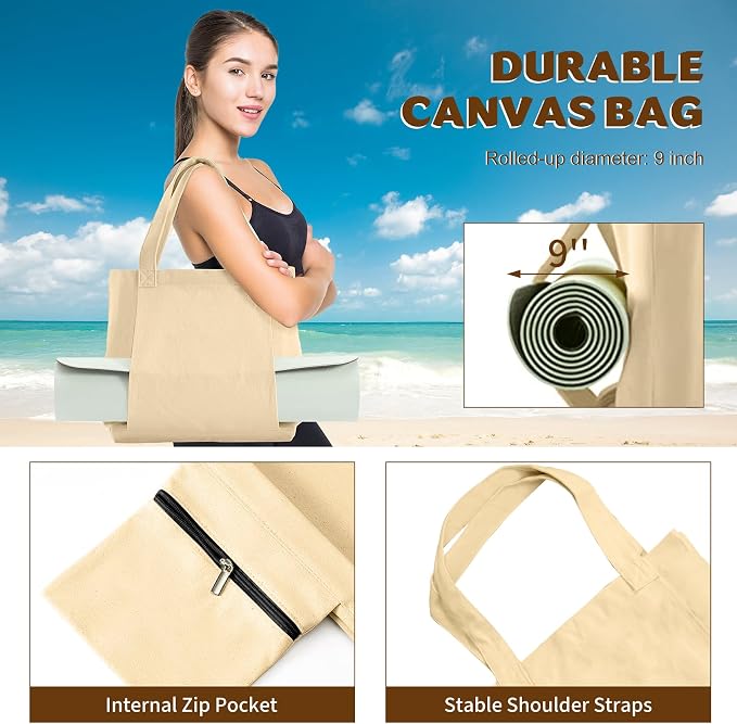 Yoga Mat Carrier, Gym Bag With Yoga Mat Holder, Women Canvas Tote With Shoulder Strap For Pilates, Travel, Office, Sports, Workout And Beach – Inner Zippered Pocket, Fits Standard And Small Mats