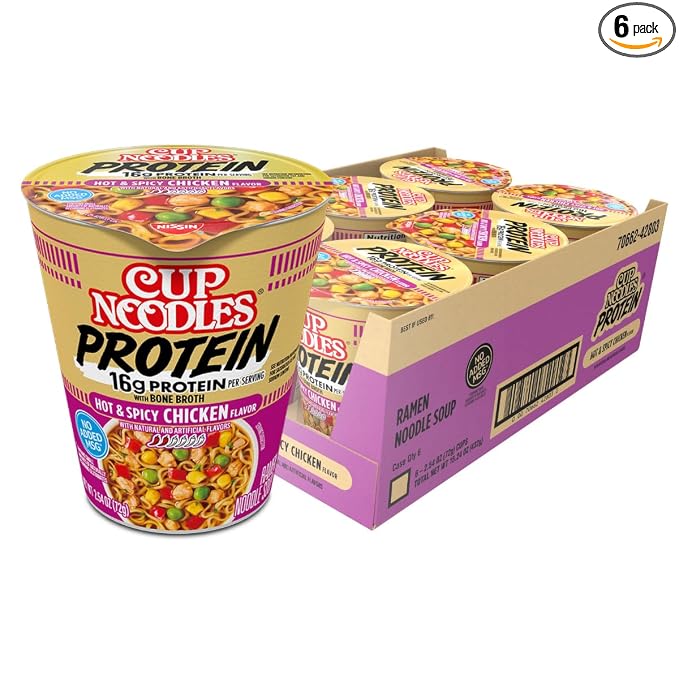 Nissin Cup Noodles Protein Ramen, Chicken Flavor Spicy Ramen with Bone Broth, 16g Protein, 2.54 Ounce Cup (Pack of 6)
