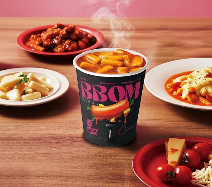 BBOM Cup Tteokbokki, Korean Rice Cake, Ready-to-Eat Microwave Meal, Chewy & Soft Texture, Easy K-Food Snack – Spicy/SpicyRose/Extreme Hot_1 Cup (Spicy Rose)
