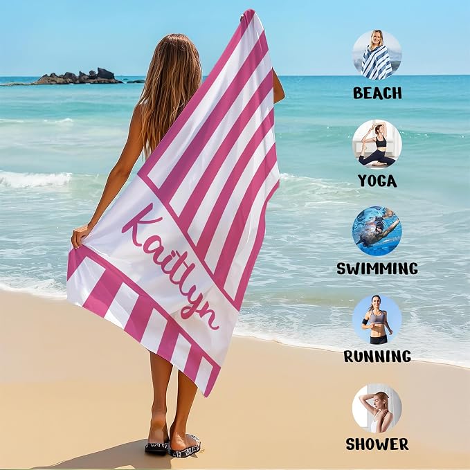 JML Personalized Beach Towel with Name, Custom Cabana Stripe Beach Towel, Customized Microfiber Pool Towel, Quick Dry & Absorbent Swim Towel for Adult,Anniversary, Birthday, Summer Holiday,Vacation