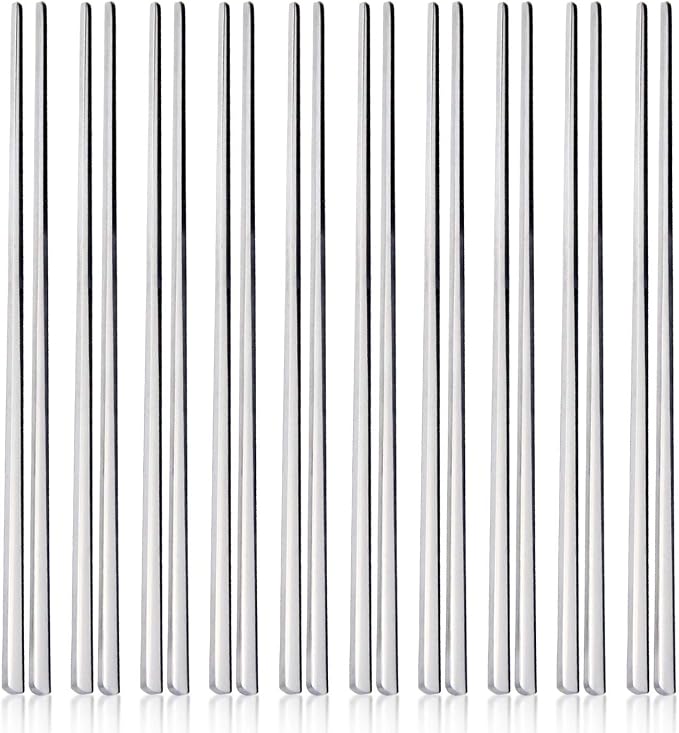 IQCWOOD 10 Pairs 304 Stainless Steel Korean Chopsticks, 8.66 Inch | Reusable Korean Chopsticks for Daily Meals, Metal Classic Style Chopsticks with Flat Design, Dishwasher Safe, for Asian Food