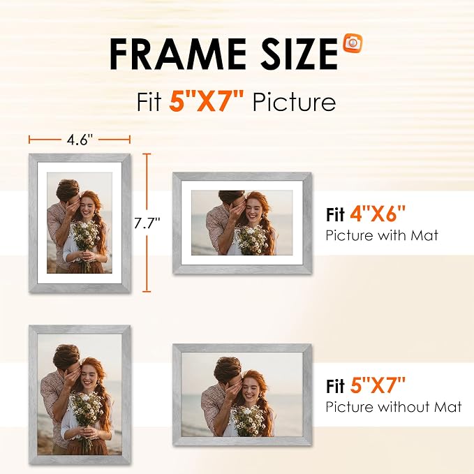 FIXSMITH 5x7 Picture Frame 2 Pack, Marble Gray Photo Frame with HD Plexiglass, Display Pictures 4x6 with Mat or 5x7 Without Mat, Marble Gray Multi Picture Frames Collage for Tabletop or Wall Display