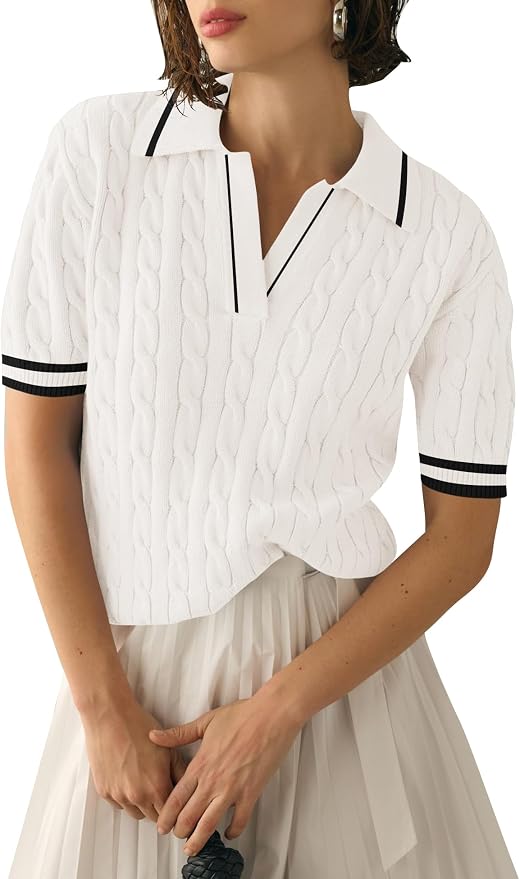 Micoson Womens Short Sleeve Sweater Tops Lapel V Neck Polo Shirts 2026 | Summer Cable Knit Loose Blouses, Business Casual Outfits