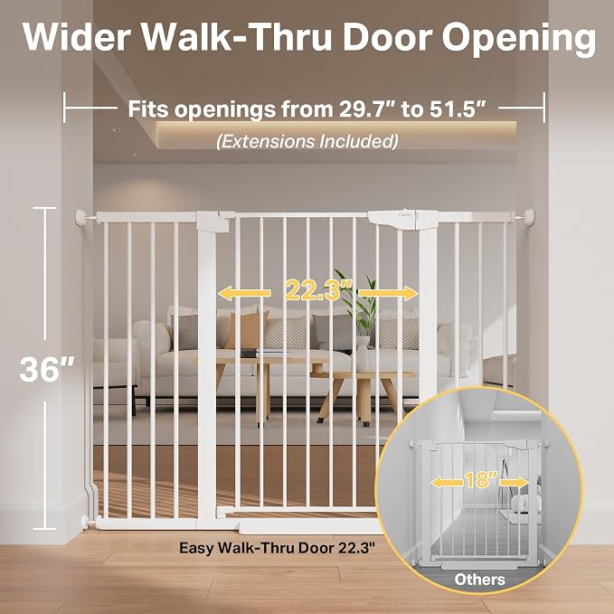 Cumbor 36" Extra Tall 29.7-51.5" Baby Gate for Stairs, Easy Walk Through Dog Gates for Doorways Extra Wide, Pressure Mounted Tall Pet Gate Indoor, Safety Auto-Close Child Gate for Kids, White