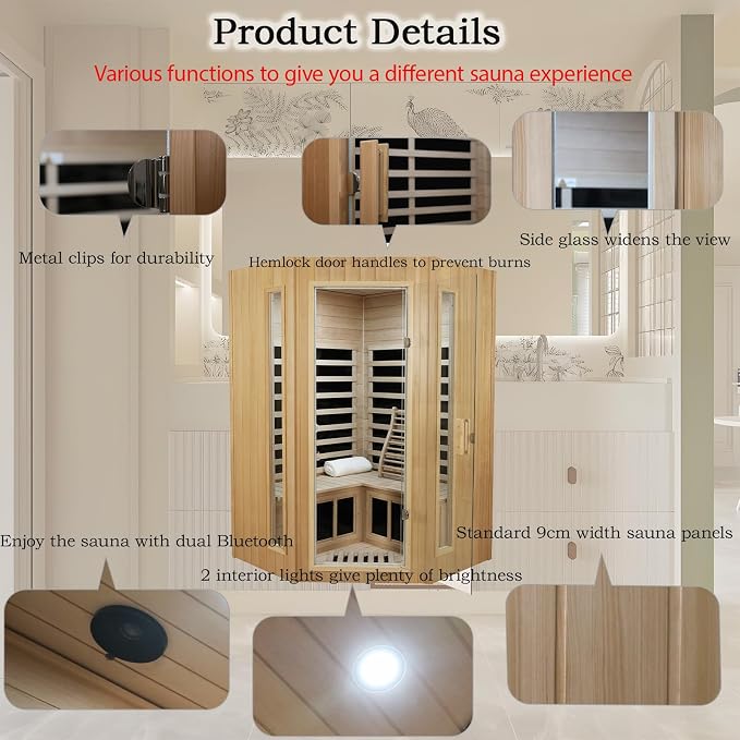 LTCCDSS 2-3 Person Infrared Sauna, Far Infrared Saunas for Home Low EMF Indoor Home Sauna Spa with Tempered Glass Door, Hemlock Wooden Corner Sauna Room,1670W/120V, Bluetooth Speaker, 2 Reading Lamps