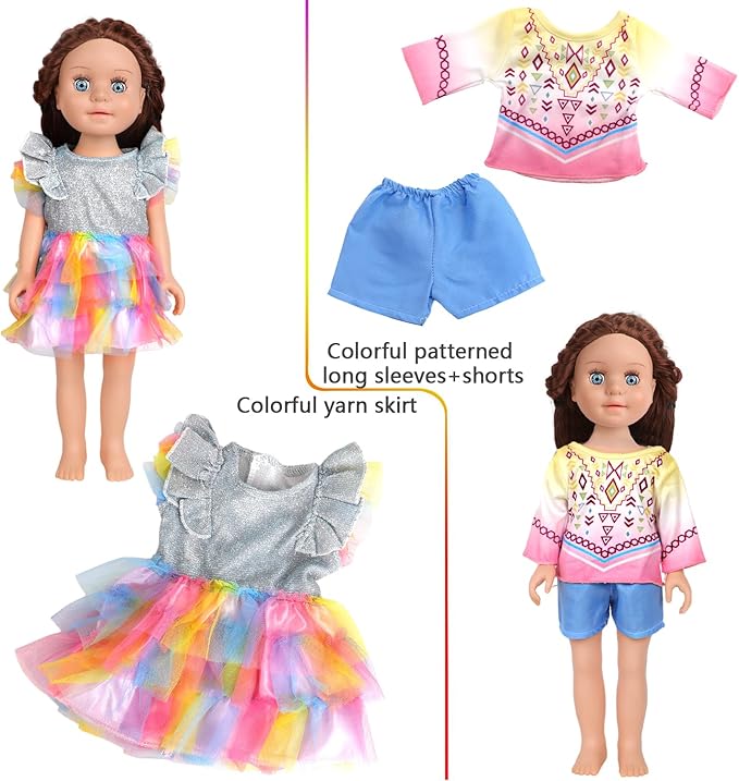 7-Set Doll Clothes & Shoes for 17-18 Inch Dolls / 11-Piece Outfits (Unicorn Dress, Pajamas, Glitter Shoes & More)
