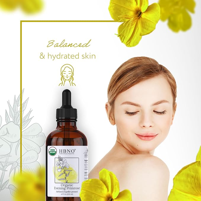 HBNO California Bottled Organic Evening Primrose Oil 4 fl oz (120ml) - USDA Certified Organic Evening Primrose Oil, Cold Pressed Carrier Oil for Face, Body, Lips, Nails, Shampoo & Conditioner