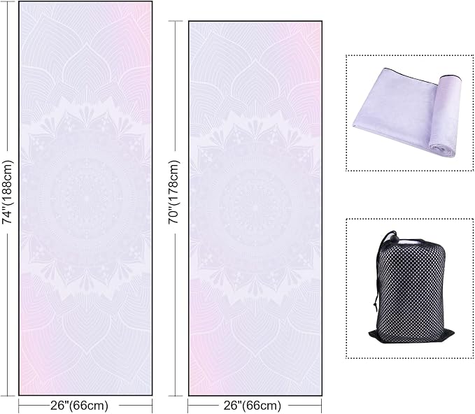 QiyI Yoga Mat Towel with Corner Pockets, Non Slip Sweat Absorbent Hot Yoga Towels, Soft Yoga Blankets with Travel Bag, Skidless Mat Cover for Workout, Gym, Fitness - 70"x26", Purple Mandala