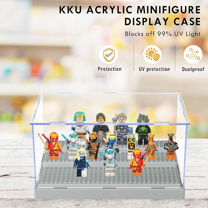 KKU 2 Pack Display Case for Minifigure Action Figures Blocks, Acrylic Minifigure Display Case Box Storage with 3 Movable Steps Gift for Kids Adults (Grey)