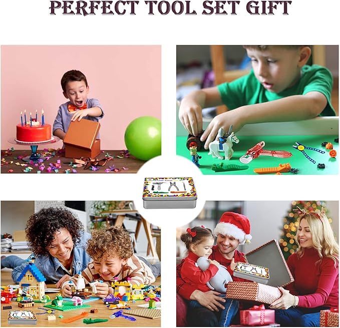 Building Blocks Tool Kit - Brick Separator, Mini Blocks Tool Set - Multi-Functional Hammer, Pliers, Tweezers, Finger Protectors with Tin Box (Pink)