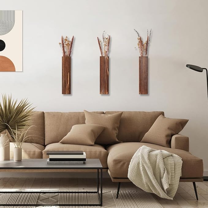 Wooden Wall Planter Set of 3 - Modern Home Decor for Living Room, Bedroom, Bathroom - Walnut Finish Planter for Dried Flowers, Faux Greenery, Indoor Plants