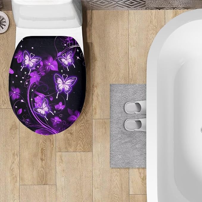 Purple Butterfly Toilet Seat Cover Elongated for Bathroom Neon Butterfly Oval Toilet Seat Cover with Elastic Band Bathroom Butterflies Dust Cover Replacement,Easy to Clean