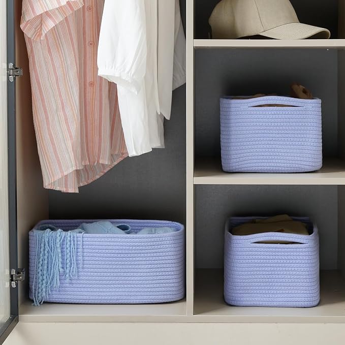 3 Pack Storage Baskets for Organizing, 13.7×9.5×6.3", Sky Blue | Woven Baskets for Shelves, Cotton Rope Basket for Gifts Empty, Closet Organizer Bins with Handles, Cube Decorative Box