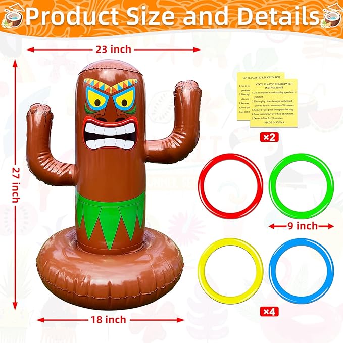 25" Inflatable Luau Tiki Pool Toss Games, Tiki Pool Ring Toss Toys with 4 Rings for Adults Indoor Outdoor Tropical Summer Swimming Inflatable Bean Bags Toss Hawaiian Luau Party Supplie