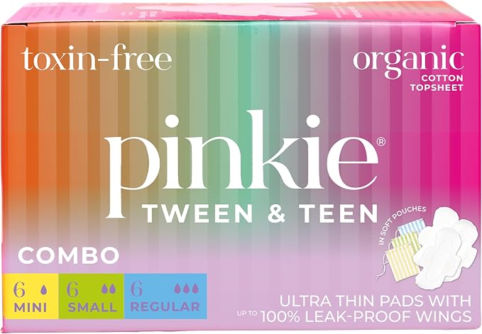 Pinkie Period Starter Pads - Designed for Smaller Underwear - Organic Cotton Topsheet Tween & Teen Pads with Wings - Chlorine Free & Fragrance Free - Teen Combo Pack, 18 Count