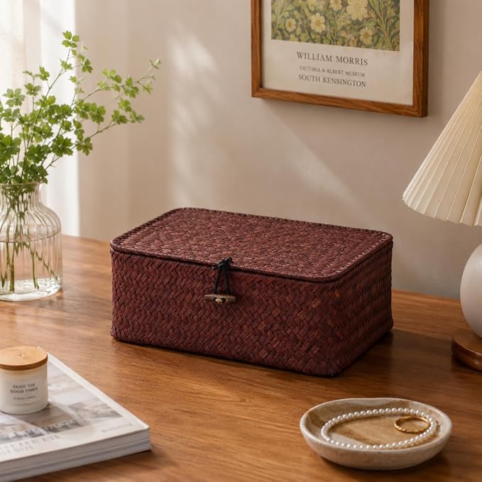 Seagrass Wicker Storage Basket with Lid, Small, Red | 9.05 x 5.11 x 3.34 Inch Box, Shelf Organizer, Rectangular Woven Bin, Small Item Storage, Decorative Color