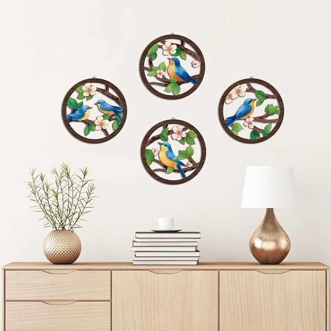 HPNIUB Bird on Birch Tree Branch Wall Decor, Modern Green Leaves Little Birds Laser Cut Artwork, 4 Pieces 10''x10'' Rustic Farmhouse Nature Animals Wall Hanging Plaque for Living Room Bedroom