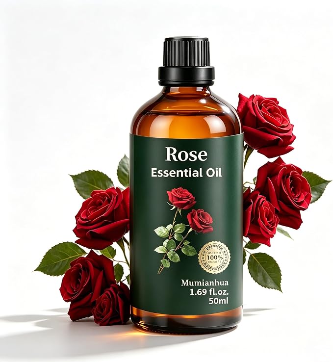 Rose Essential Oil, Floral Scent, Diffuser, Skin & Hair Care, 1.69 Fl Oz | Mumianhua Rose Oil, Steam-Distilled. Rich, Romantic Floral. For Face, Hair, Massage, Perfume & DIY