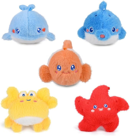 BB FUN HOUSE Ocean Plush Toy Set 5 Packs Soft Easter Sea Stuffed Animals Small Fish, Cuttlefish, Dolphins, Crabs, Starfish Plush Keychain for Party Favor Carnival Prizes Birthday Gifts Goodie Bag