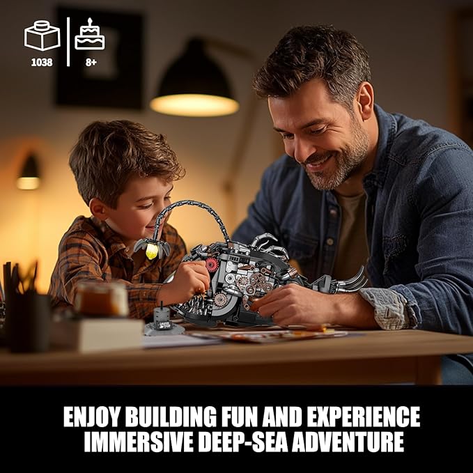 Steampunk Mechanical Lantern Fish Building Set with Light, Creative Ocean Animal Toy for Home Office Decor, Compatible with Lego for Adults, STEM Gift for Teens Kids Boys 8-14 (1038 PCS)