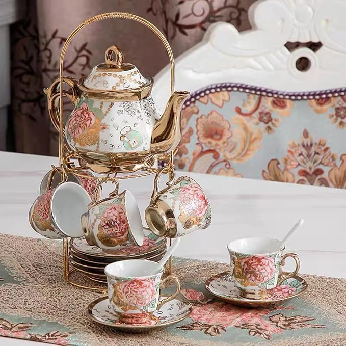 CHANJOON Gold Plated Red Rose Ceramic Tea Set, Vintage Tea Sets with Teapot, Beautiful Tea Set Coffee Serving 6 People (Golden, large)