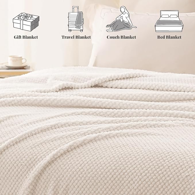 Whale Flotilla Soft Fleece Queen Size Bed Blanket, Ivory | 90x90 Inch, Suitable for Bed, Fluffy Fuzzy Jacquard Blankets for All Season, Lightweight and Cozy
