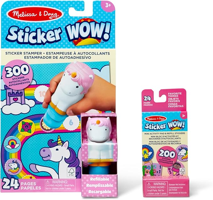 Melissa & Doug Sticker Wow!™ Unicorn Bundle: 24-Page Activity Book, Refillable Sticker Stamper, Mini Pad, 500 Stickers, Arts and Crafts for Kids Ages 3+