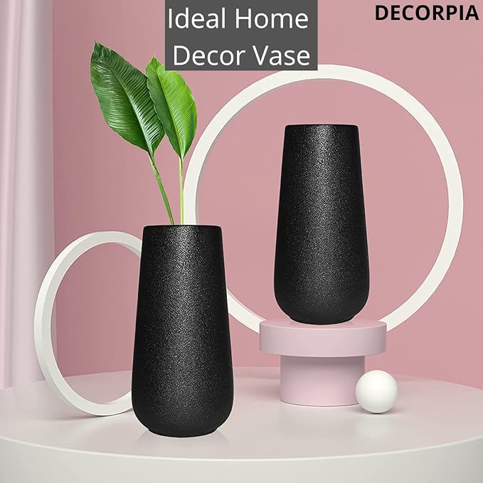 Black Ceramic Vase - Modern Flower Vase for Home Decor - Cute Vase for Pampas Grass - Desk Aesthetic Room Decor- Farmhouse Decor - Living Room - Dining Table - Office - Kitchen Shelf