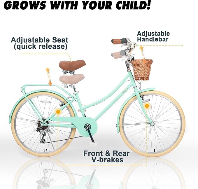 Glerc 20 24 26 Inch Beach Cruiser Bike, 6-Speed Hybrid City Bicycle for Girls Youth and Over 6 Years Old, Missy Bike with Wicker Basket & Lightweight, Multiple Colors