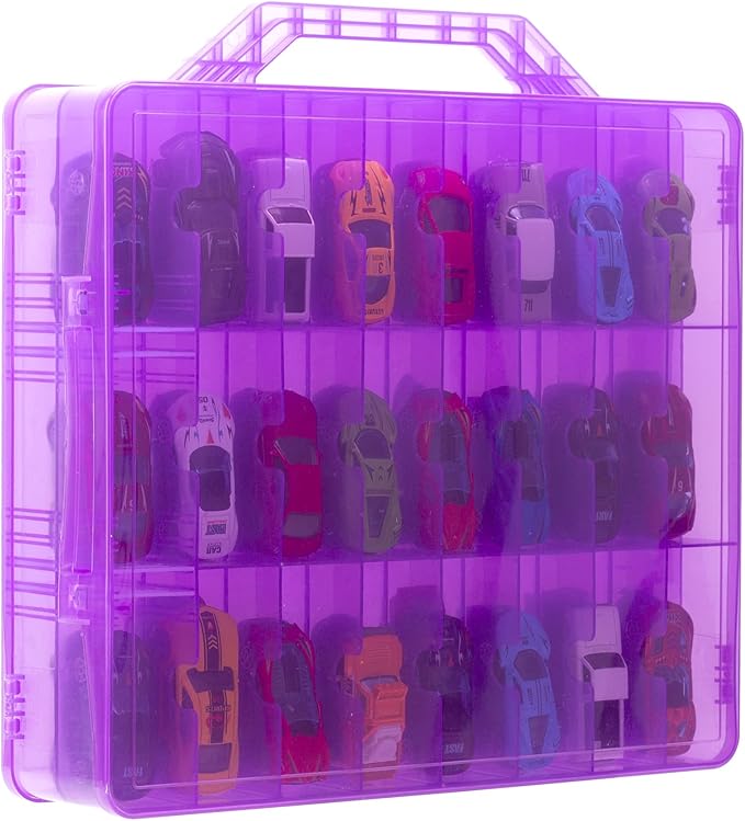 Double Sided Toy Car Storage Case for 48 Toy Cars, Matchbox Cars, Mini Toys, Small Dolls, Portable Transparent Storage Case for Toy Cars, Matchbox Cars with 48 Compartments, Case Only