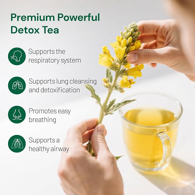 Natural Mullein Tea Bags for Lungs -Mullen Leaf & Herbal Blend Mint Leaves for Respiratory Support & Detox Tea Caffeine-Free 20Bags
