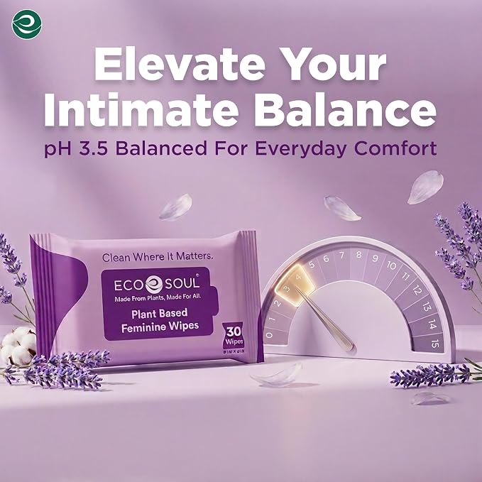 ECO SOUL Plant-Based Feminine Hygiene Wipes (30 Count, Pack of 2) Dermatologist Tested pH Balanced Intimate Cleansing Wipes FSC-Certified Alcohol-Free, Paraben-Free, Fragrance-Free & Hypoallergenic