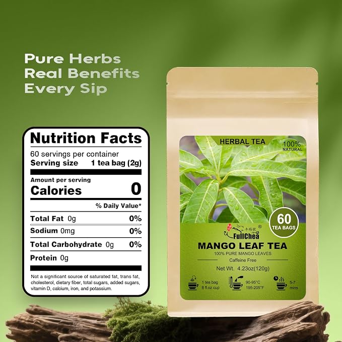 FullChea - Mango Leaf Tea Bags, 60 Count, Dried Mango Leaves | 100% Premium mango leaves, non-GMO, caffeine-free, traditionally enjoyed as a soothing herbal infusion