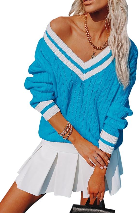 Aoudery Womens V Neck Oversized Sweaters Long Sleeve Cable Knit Pullover Striped Chunky Sweater Casual Tennis Tunic Tops