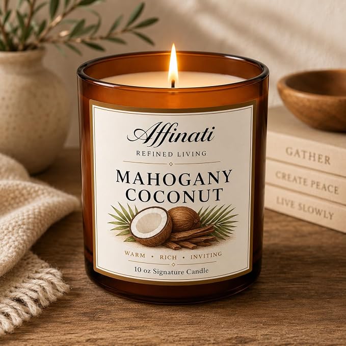 Affinati Mahogany Coconut 10 oz Scented Candle – Long Lasting Luxury Soy Blend Candle for Home, Strong Scent Throw Rich Wood & Sweet Tropical Vibe Candle, Premium Elegant Home Fragrance Gift
