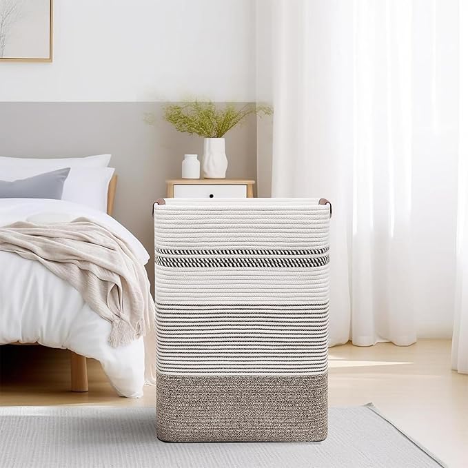 Laundry Hamper, 85L Cotton Rope Laundry Basket, Rice Brown & White | Foldable nursery hamper with leather handles; store blankets, toys, baby clothes and laundry in bedroom or living room