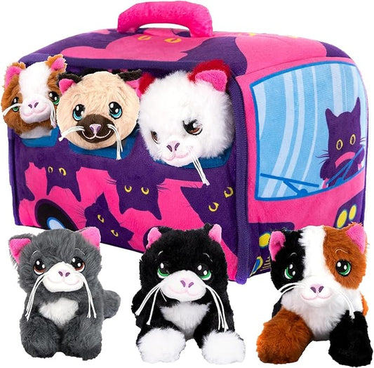ArtCreativity 7-Piece Plush Cat Set, 6" Stuffed Animals Assortment with Carrier Bus, Cute Small Toys for Girls, Kitty Toys, Classroom, Birthday Gifts Soft Plush Kittens