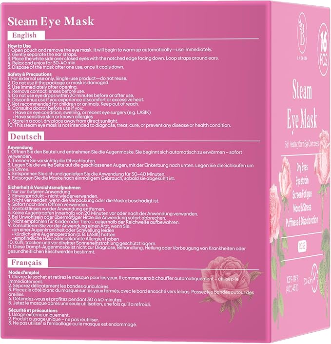 16 Pack Rose Steam Eye Mask for Dryness, Puffiness, Strain & Relaxation, Heated Eye Mask for Sleep & Travel, Self-Heating & Disposable Warm Compress, Travel Essentials, Relaxation Gifts for Women