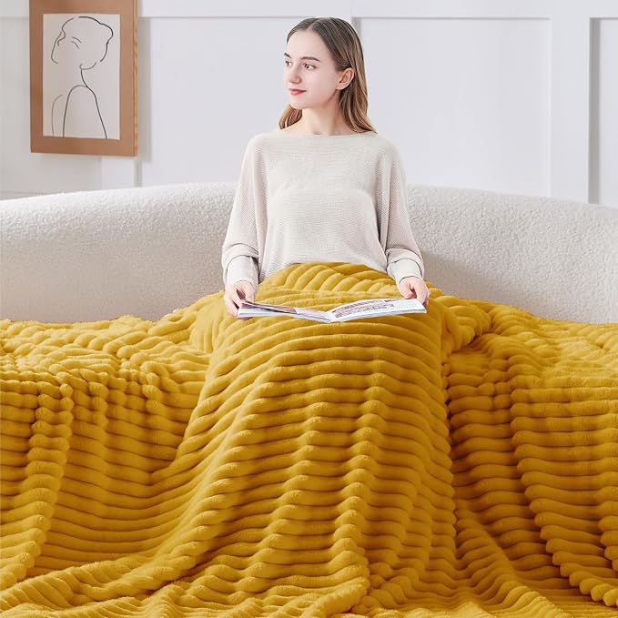 BEDELITE Striped Fleece Throw Blanket, Mustard Yellow, 50"x60" | 300GSM Microfiber Fleece, Soft Cozy, Lightweight Warm, Double-Sided Plush, Machine Washable, Gift, Room Decor, for Couch Sofa