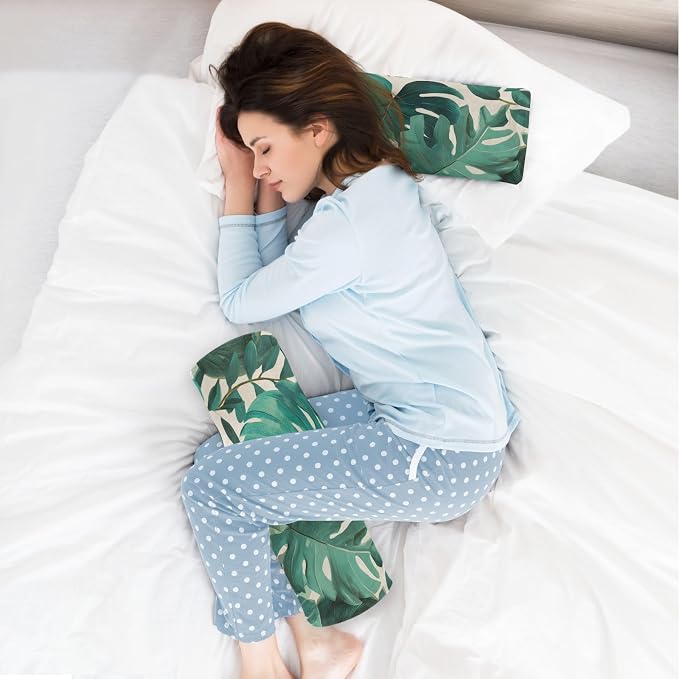 Neck Roll Pillow Bolster Pillows Round Health Memory Foam Long Cervical Cylinder Bolsters Body Removable Washable Cover Bed Legs Back Yoga Palm Leaves Tropical Green